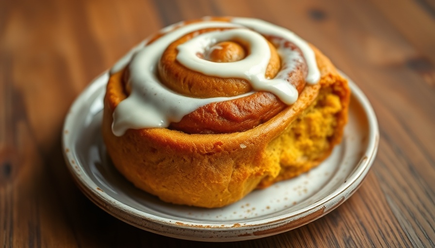 Freshly baked pumpkin cinnamon roll with creamy icing.