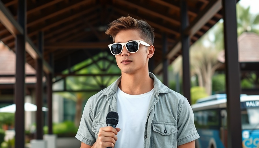 Casual young man in sunglasses being interviewed about Open AI outdoors.