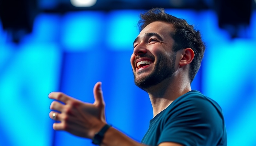 Expressive male speaker smiling while giving a talk, Open AI.