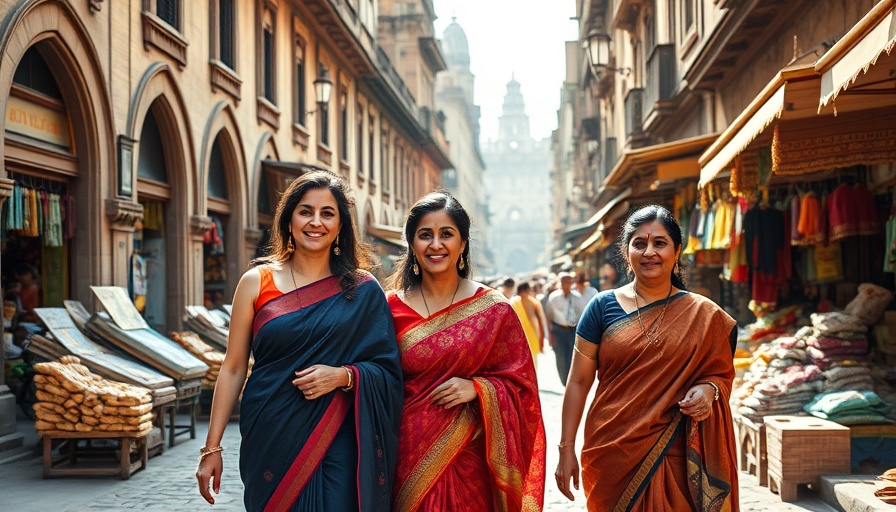Elegant women in traditional sarees embracing AI saree trend in a historic market.