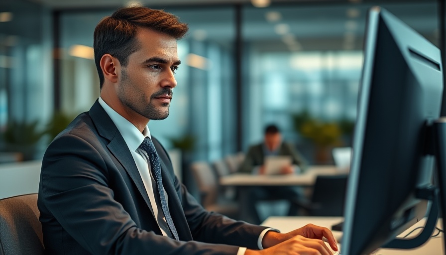 Professional man using computer with Claude AI memory feature in modern office.