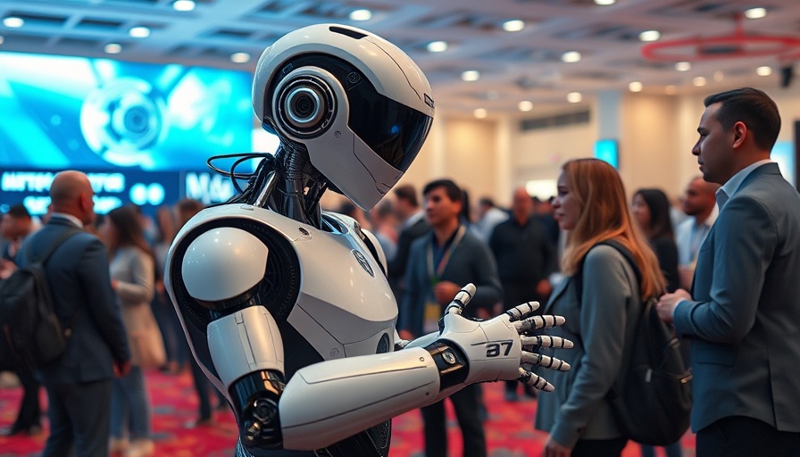 Humanoid robot engaging with attendees at tech conference discussing OpenAI investment concerns.