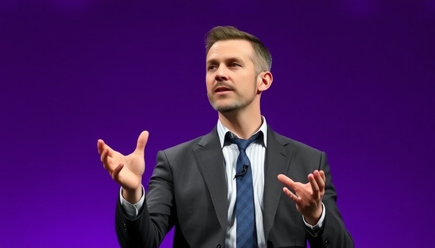 Professional speaker discussing AI bubble insights against a purple background.