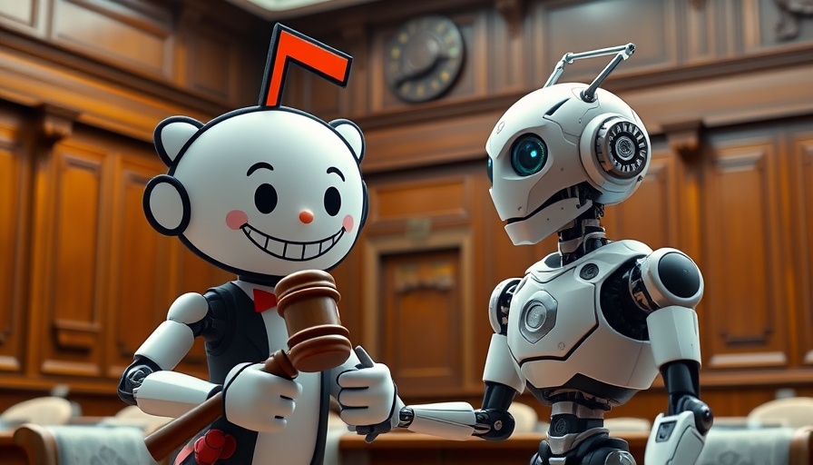 Cartoonish courtroom scene with Reddit mascot and AI robot, 'Claude AI.'