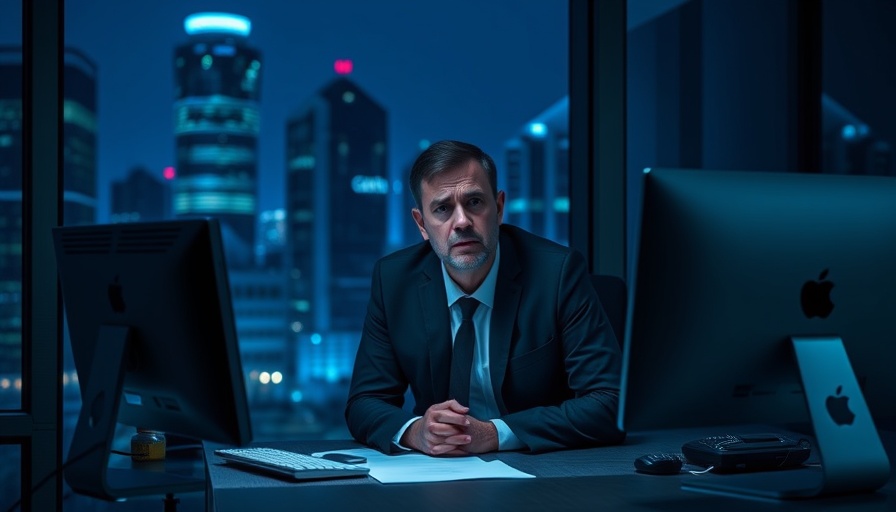 Agentic AI concept: businessman in dimly lit office consulting a computer.