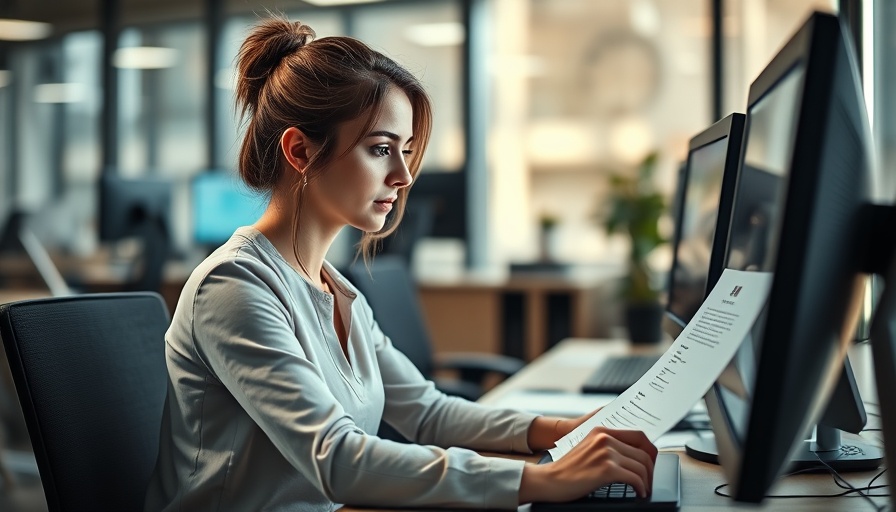 Focused woman in office reviewing CV on laptop, AI job market transformation.