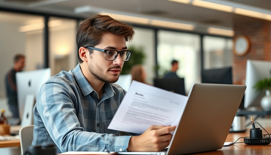 Focused professional reviewing CV on laptop in modern office.