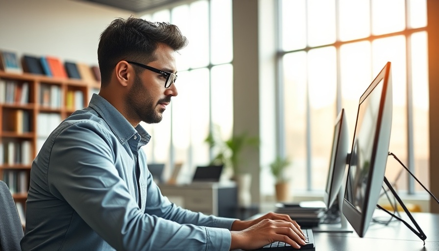 Professional man using computer in office with focus on screen, Claude AI.
