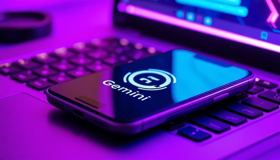 Smartphone with Gemini logo on purple-lit keyboard, Hug My Younger Self AI Trend.