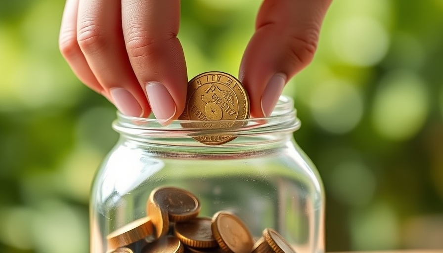 Hand placing coin in jar, illustrating savings concept with green background.
