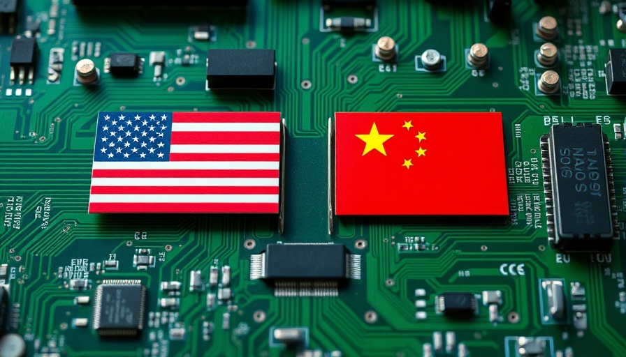 Nvidia stock representation on a circuit board with US and China flags.