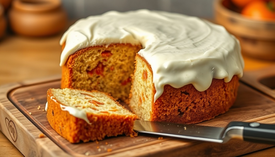 Tomato soup cake with frosting sliced on a wooden board.