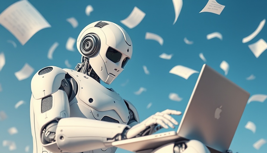 Futuristic robot engaged with a laptop amid floating papers, agentic AI theme.