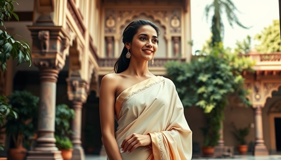 Elegant woman in saree with neon banana in courtyard, fashion trends.