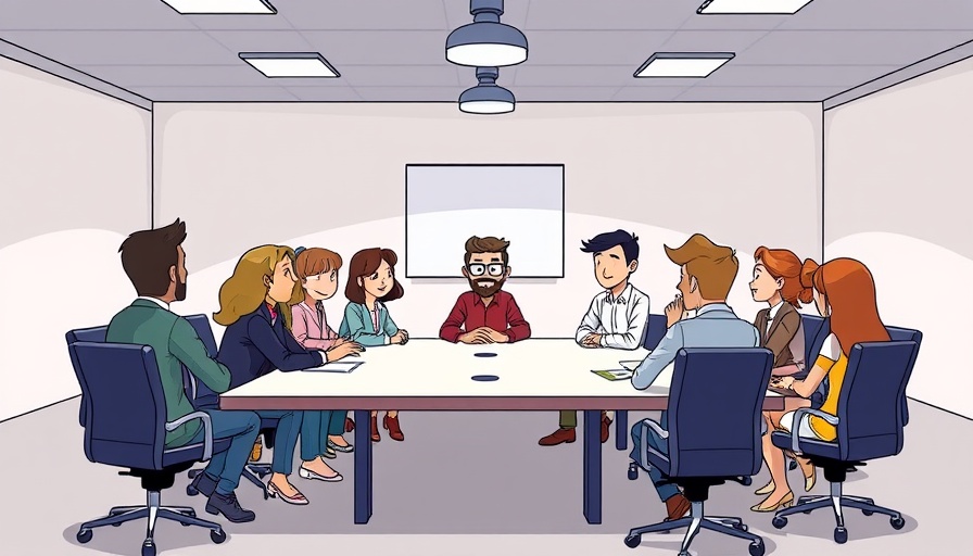 Cartoon meeting on Anthropic AI education in a modern office setting.