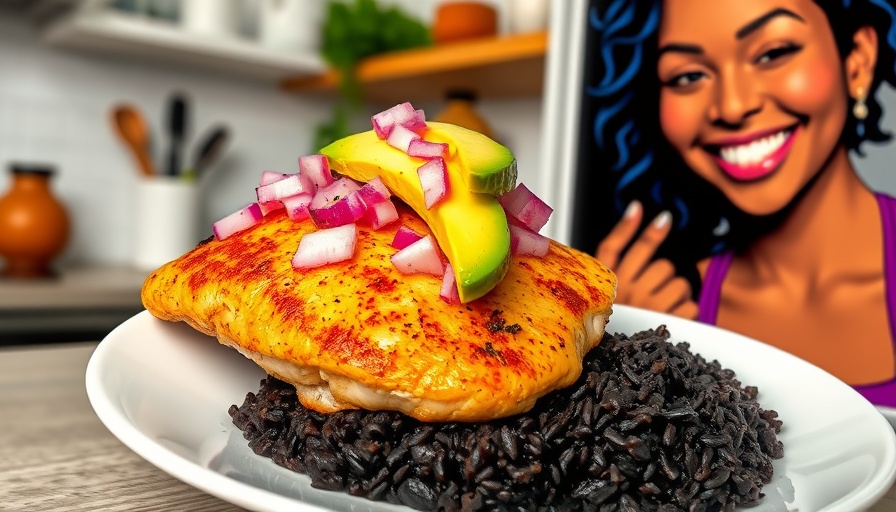Easy chicken avocado recipe with pop art style graphic.