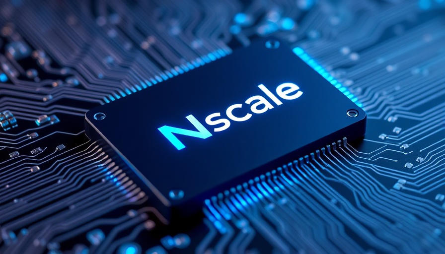 AI startup Nscale futuristic microchip design with branding.