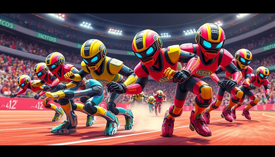 Colorful robots racing on a track, symbolizing futuristic technology in AI.