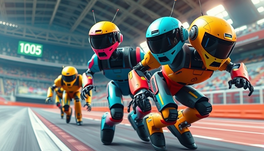 Colorful robots racing with AI coding competition theme.