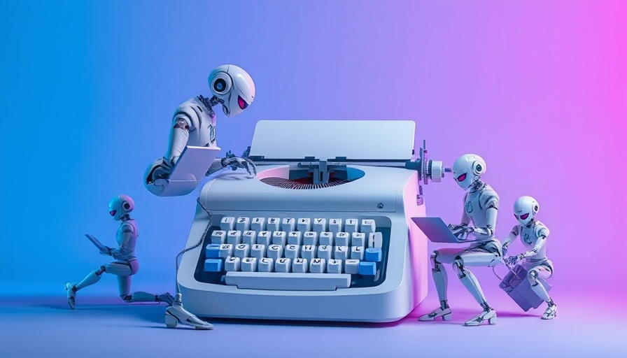 Futuristic robots with typewriter and laptops, symbolizing Microsoft AI innovation.