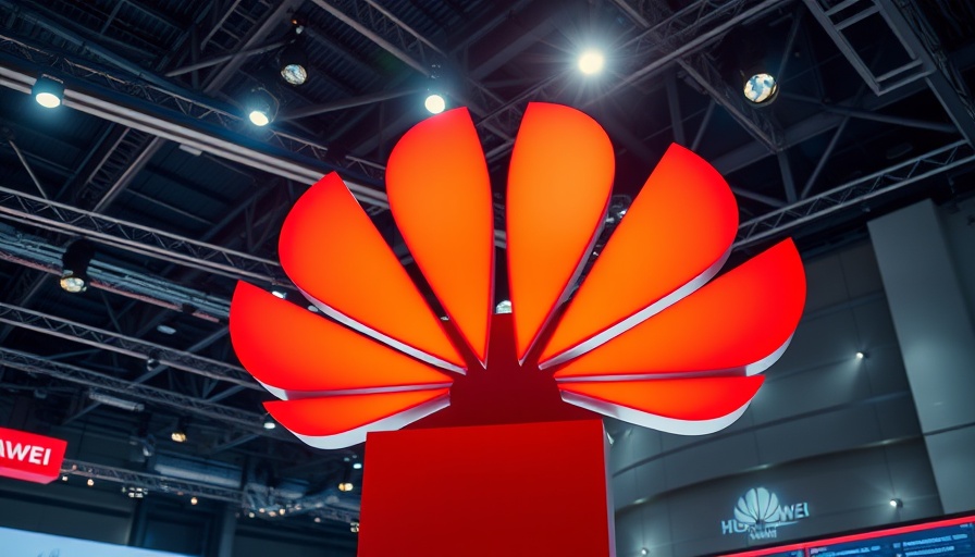 Illuminated Huawei logo at technology exhibition.