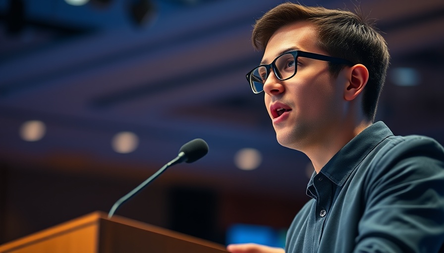 Young speaker discussing AI model R1 at a conference podium.