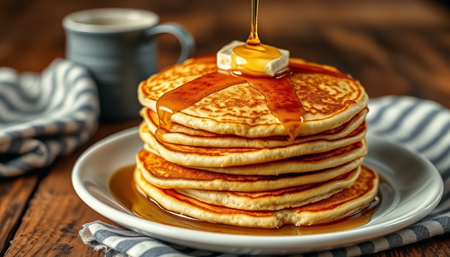 Stack of fluffy homemade pancakes with butter and syrup.