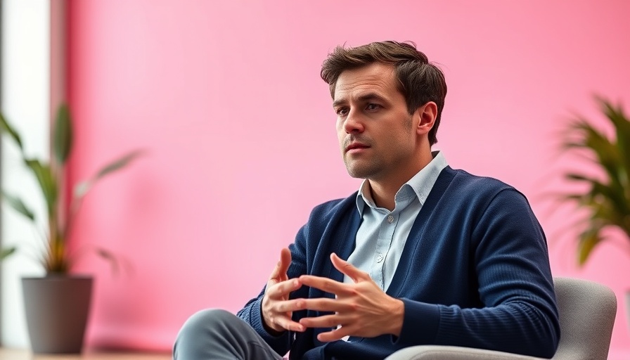 Thoughtful man in blue cardigan discussing on stage, Antropic AI