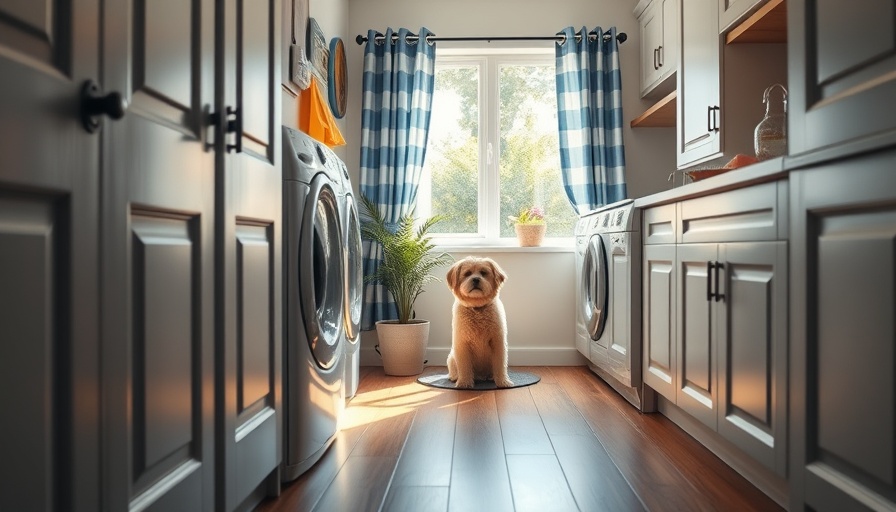 Charming narrow laundry room with dog and wood floors.