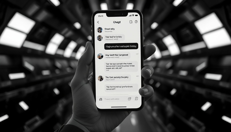 Monochrome smartphone with ChatGPT, futuristic backdrop.