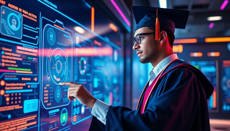 Graduate with cap and gown interacting with digital interface, AI tutors effectiveness.