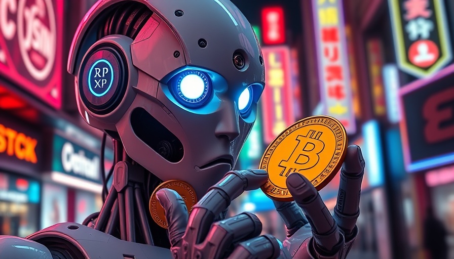 Claude AI robot holding cryptocurrency coins in neon cityscape.