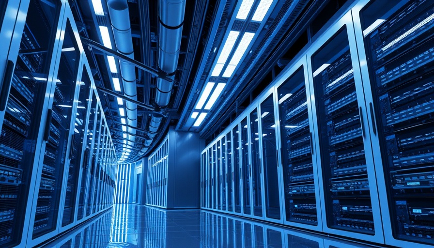 Futuristic data center with advanced servers in blue lighting.