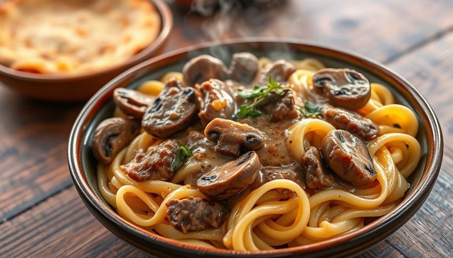 Savory beef stroganoff recipe with noodles and mushrooms.