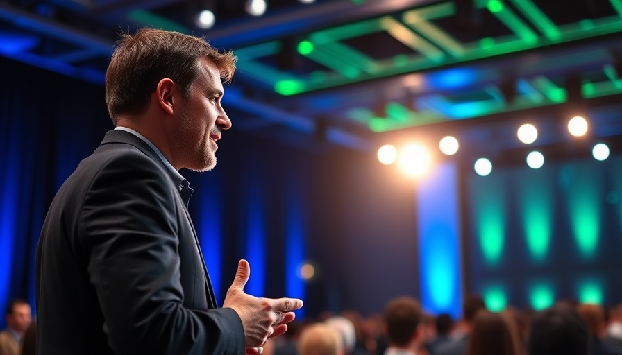 Confident speaker at conference discussing agentic AI.