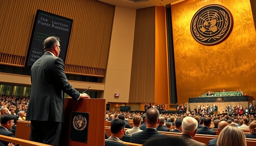 Speaker at the UN assembly discussing AI regulation in weapons.