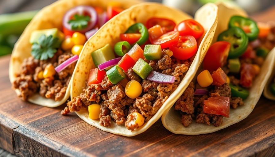 Crunchy tacos with ground beef and fresh vegetables on wooden board.