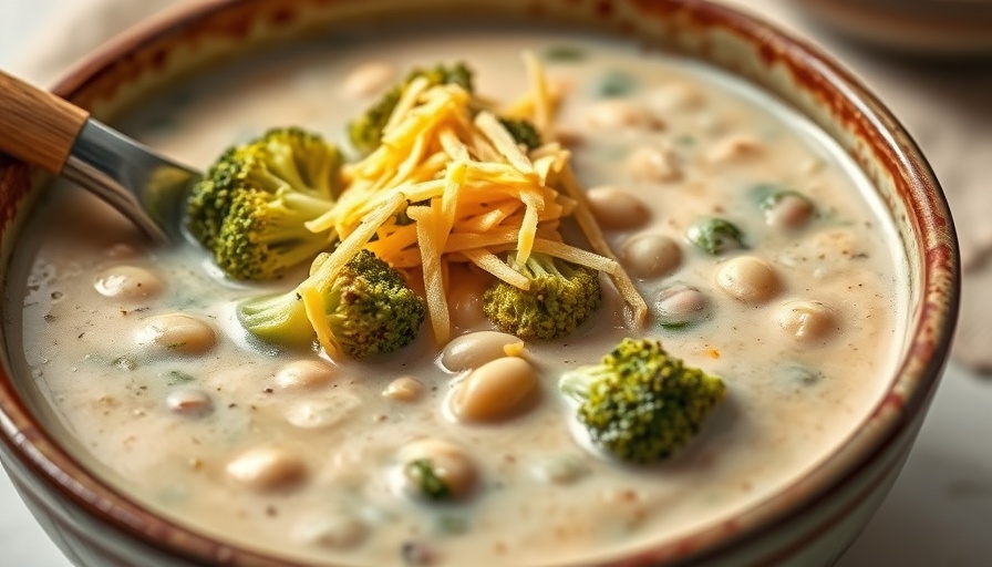 Creamy broccoli and white bean soup in a rustic ceramic bowl.