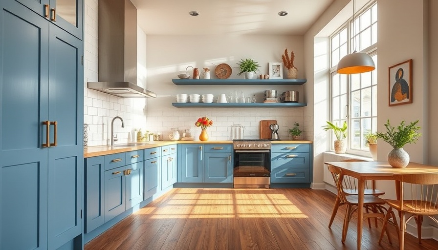 Modern kitchen with blue cabinets in a home remodel.