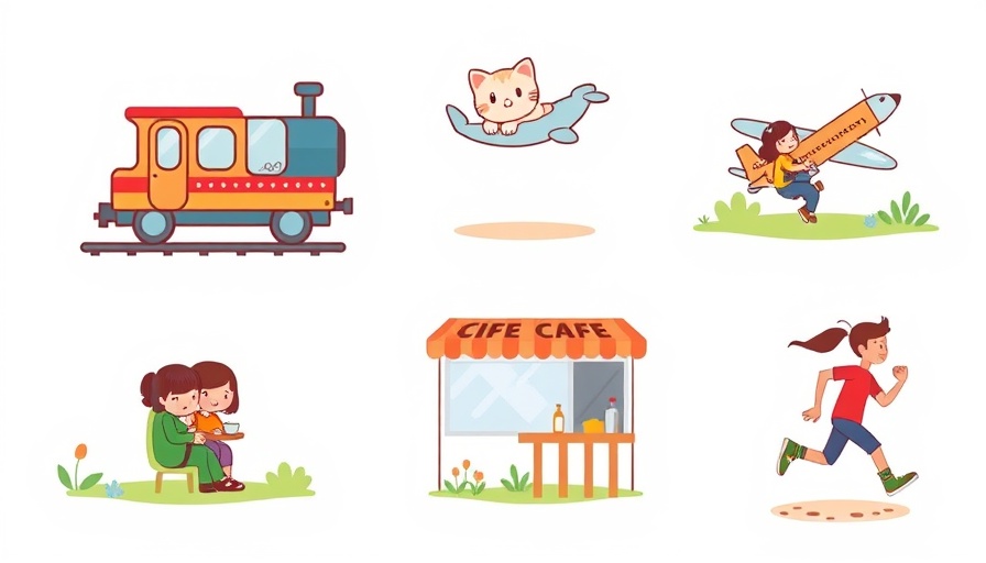 Colorful cartoon illustrations of scenes including transportation and leisure.
