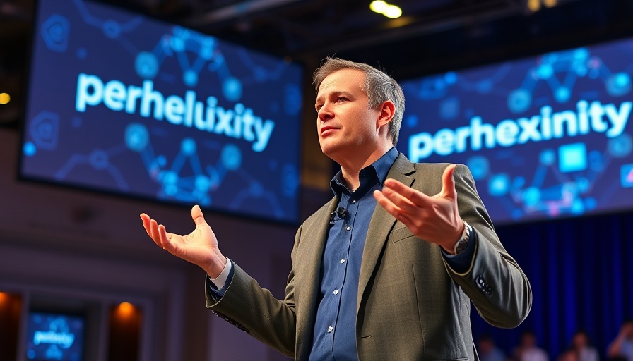 Confident speaker presenting about Perplexity AI on stage.