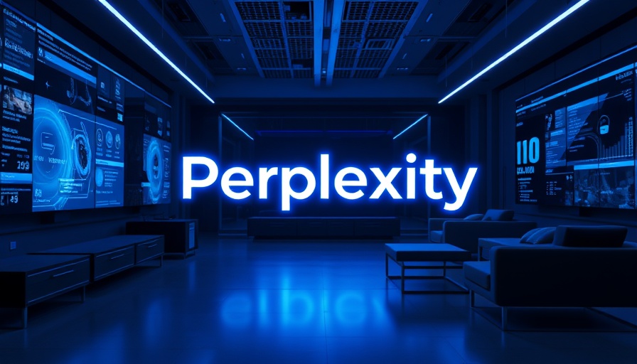 Futuristic Perplexity AI logo in a neon-lit tech room.