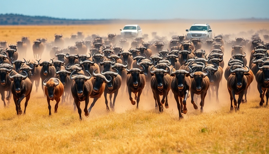 Dynamic wildebeest herd migrating across savannah with vehicles in background.