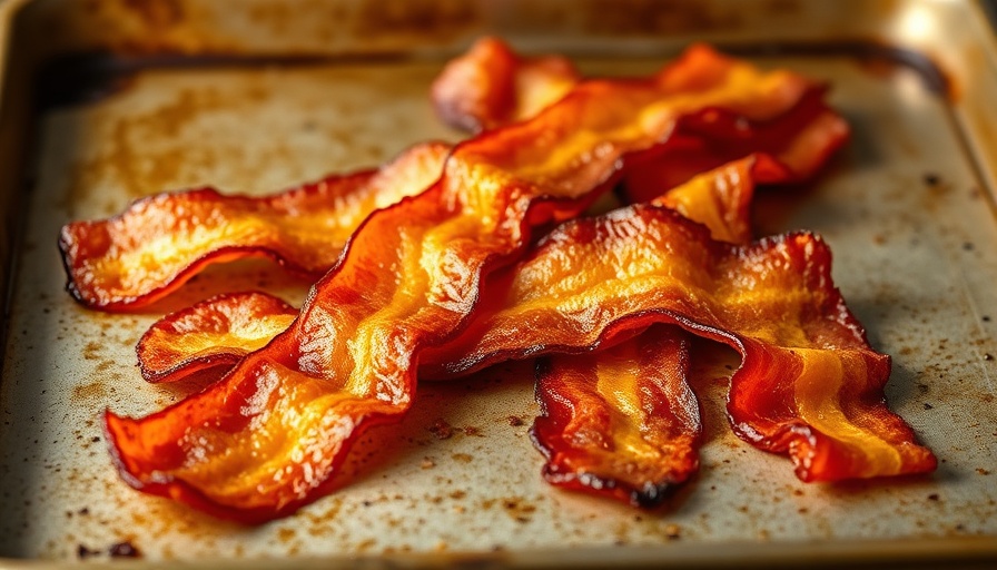 Crispy bacon strips cooked in the oven on a baking sheet.