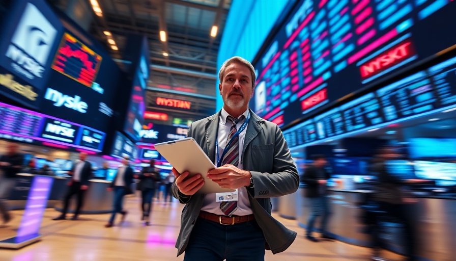 Trader at stock exchange holding tablet amidst blurred screens - OpenAI investment context.