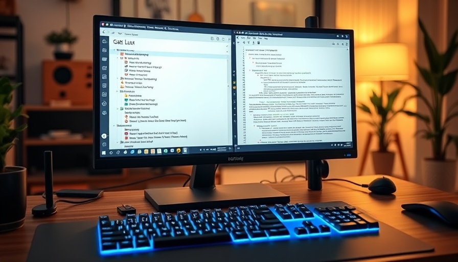 Modern workspace with dual monitors and blue keyboard lighting.