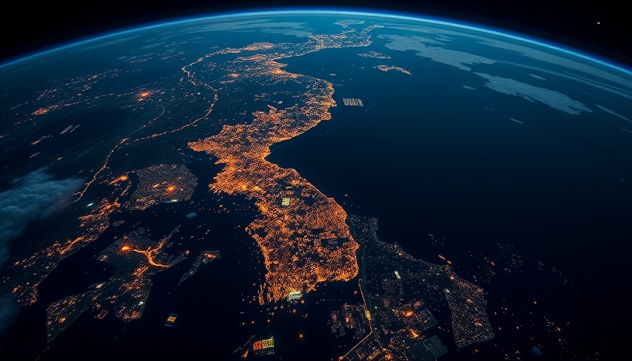 Nighttime view of Korean Peninsula highlighting city lights.