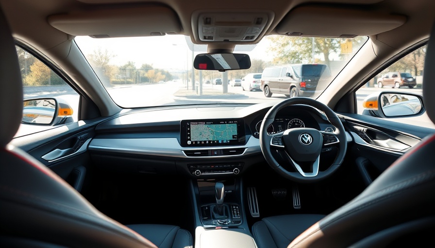 Modern car interior with digital map dashboard, Google Qualcomm Gemini AI Integration.