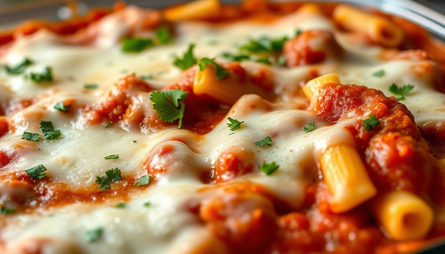 Cheesy baked ziti dish with parsley and sauce.