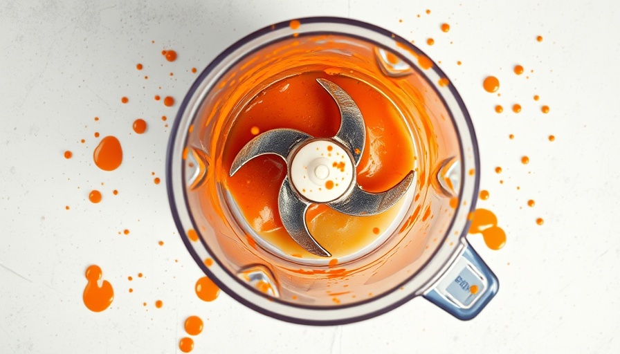 Blender with orange residue on white surface suggesting easy cleaning tips.